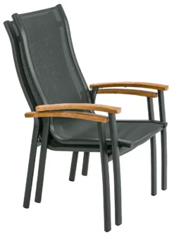 Dehner Stapelstuhl Chicago Wood, Mit Armlehne, 108.5 X 66 X 75 Cm, Aluminium/FSC® Teakholz/Textilene, Schwarz -Natur Garten Verkauf 09c42c03e0191eab6a0ebaadb3531b45