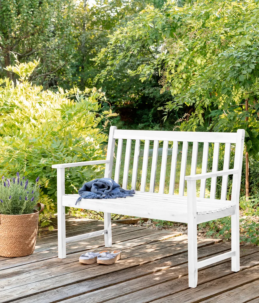 Dehner Gartenbank Mykonos, 2-Sitzer, Ca. 120 X 89 X 61 Cm, FSC® Akazienholz, Weiß 6 Dehner Gartenbank Mykonos, 2-Sitzer, Ca. 120 X 89 X 61 Cm, FSC® Akazienholz, Weiß – Bild 4