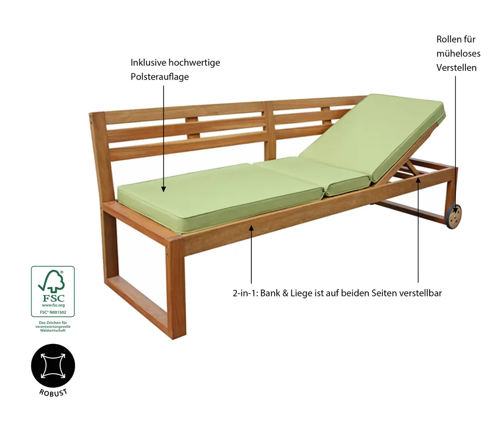 Dehner Funktionsbank/-liege Rio, Ca. 202.5 X 75 X 69.5 Cm, Inkl. Polster, FSC® Akazienholz, Natur 4 Dehner Funktionsbank/-liege Rio, Ca. 202.5 X 75 X 69.5 Cm, Inkl. Polster, FSC® Akazienholz, Natur – Bild 2