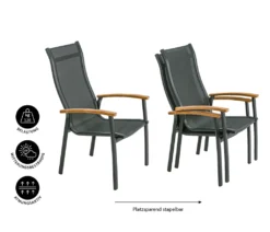 Dehner Stapelstuhl Chicago Wood, Mit Armlehne, 108.5 X 66 X 75 Cm, Aluminium/FSC® Teakholz/Textilene, Schwarz -Natur Garten Verkauf f8353d83cb234eebdd9b4ef5154ef0e6